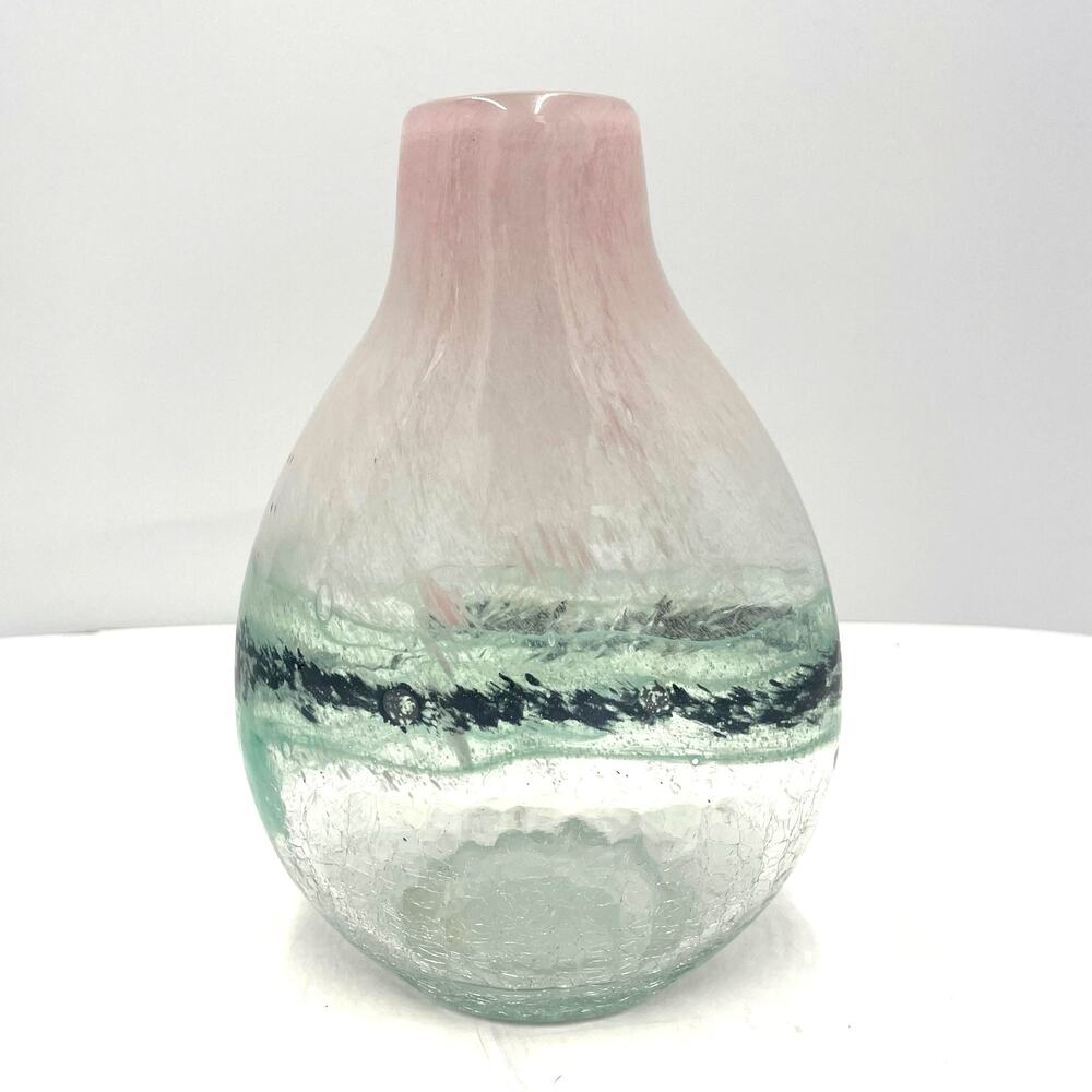 Diamond Star Hand Blown Decorative Art Textured Glass Vase Pink/Green 9.5"x6.5"